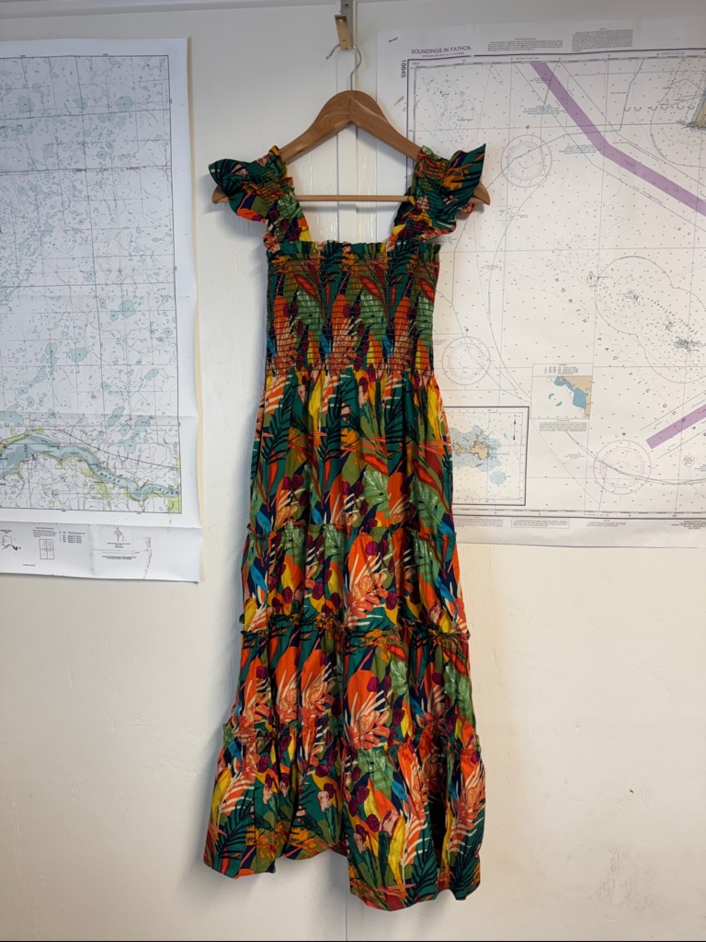 Smocked Tropical Maxi Dress in Multi-Color
